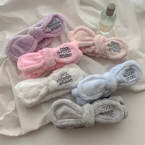 Soft Coral Fleece Hair Band For Women Cute Cartoon Animal Ear Bowknot Headband For Face Washing Makeup Spa Embroidered Elastic Hair Accessories