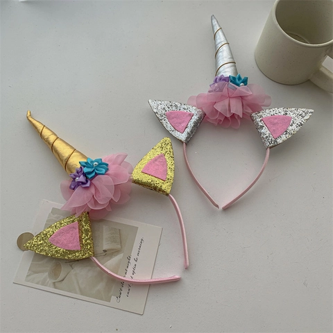 Shiny Sequin Kids Unicorn Headband Glitter Cat Ears With Mesh Flower Decor For Girls Birthday Party Dress Up Hair Accessories