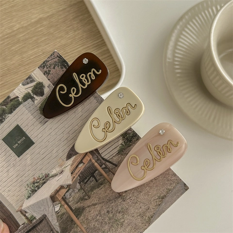 Franse Vintage Acetaat Haarclip Met Strass Letter Decor Minimalistische Eendenbek Zijclip Elegant Haaraccessoire Voor Dames