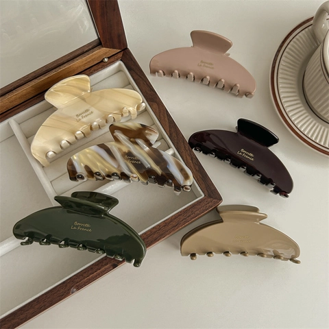 Pinza para el Cabello Grande de Acetato Estilo Francés para Mujer Elegante Pinza de Tiburón Color Maillard con Letras Doradas Accesorio para el Pelo