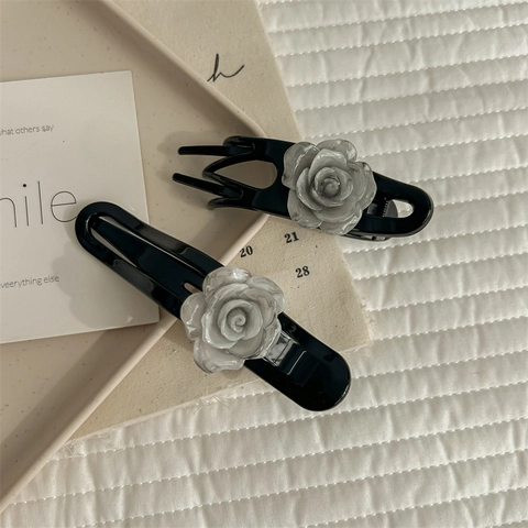 Elegant Camellia Hair Claw Clip Large Vintage Marble Texture Rose Shark Clip High End Hair Accessories For Women Daily Party