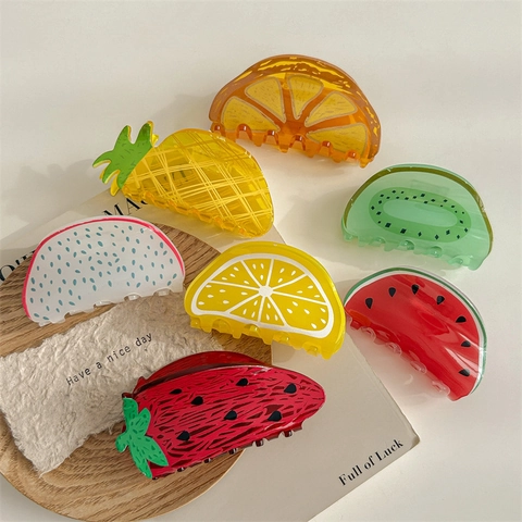 Pinces à Cheveux en Acrylique Forme de Fruit pour Femmes Style Coréen Mignonne Fraise Ananas Pastèque Citron Pitaya Accessoires