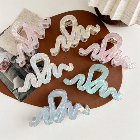 Pinza de Pelo Grande Iridiscente Color Sirena Clip de Tiburón Ondulado de Acrílico Accesorios de Pelo Elegantes para Mujer