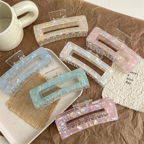 Extra Large Square Hair Claw Clip Colorful Iridescent Marble Pattern Rectangular Hollow Hair Accessories For Women Girls