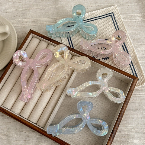 Pinza de Pelo de Lazo Iridiscente Coreana para Mujer Color Sirena Perlado Clip de Tiburón Grande Accesorios para el Cabello