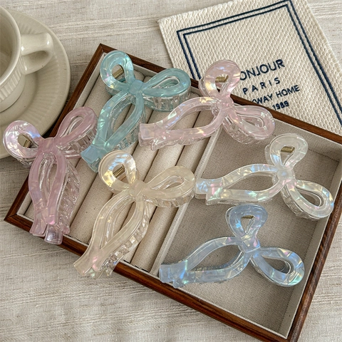 Pinza de Pelo de Lazo Iridiscente Coreana para Mujer Color Sirena Perlado Clip de Tiburón Grande Accesorios para el Cabello