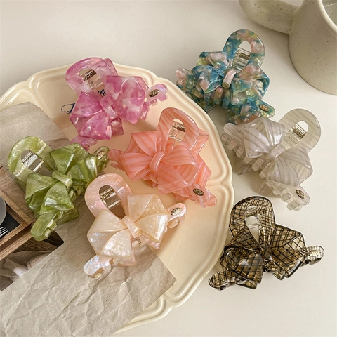 French Vintage Acetate Bow Hair Claw Clip For Women Elegant Marble Plaid Pattern Non-slip Hair Catch Accessory For Thin Hair