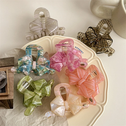 French Vintage Acetate Bow Hair Claw Clip For Women Elegant Marble Plaid Pattern Non-slip Hair Catch Accessory For Thin Hair