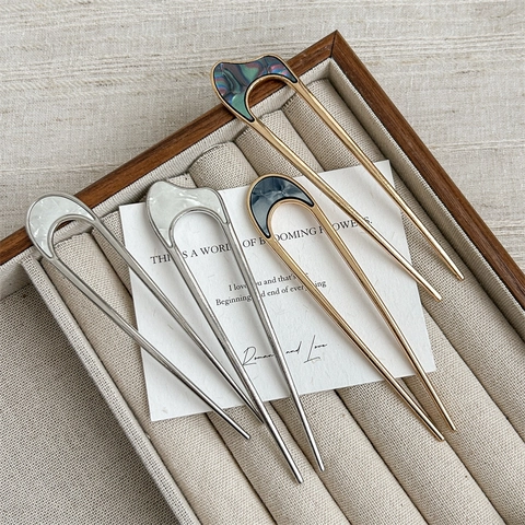 Bastoncino per Capelli Vintage in Lega a Forma di U Forcina in Metallo Minimalista Oro Argento Intarsio in Madreperla