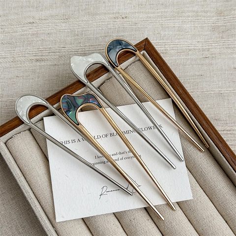 Bastoncino per Capelli Vintage in Lega a Forma di U Forcina in Metallo Minimalista Oro Argento Intarsio in Madreperla