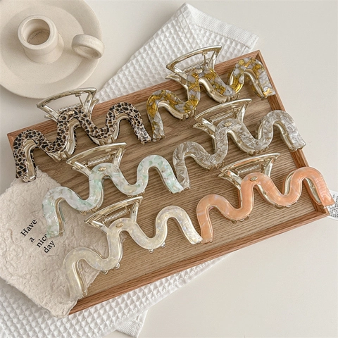 Pinza per Capelli Francese a Forma di S Ondulata Extra Large in Acetato Lega Metallo Motivo Marmo Maculato Accessori Capelli Donna