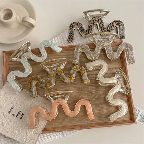 Pinza per Capelli Francese a Forma di S Ondulata Extra Large in Acetato Lega Metallo Motivo Marmo Maculato Accessori Capelli Donna