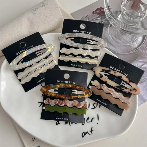 French Minimalist Cellulose Acetate Hair Clip Set Wavy And Oval Hollow Side Clip Retro Fashion Women Headwear Jewelry