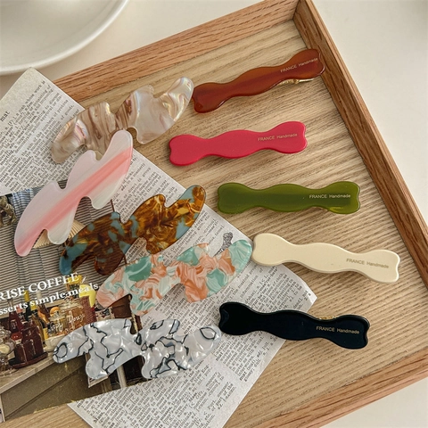 Fermagli per Capelli a Onda in Acetato Vintage Francese Clip Laterali in Marmo Tartarugato Eleganti Forcine Minimaliste Donna