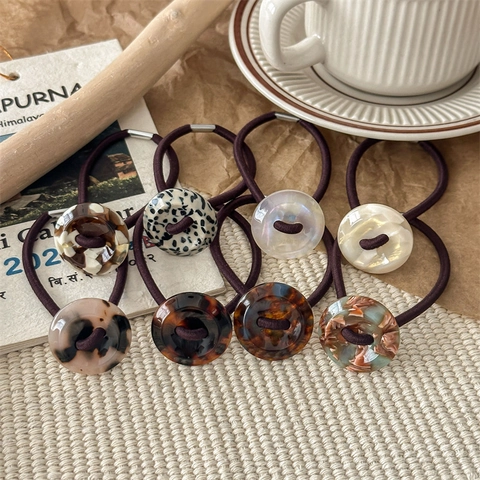 Vintage Acetate Button Hair Ties High Elastic Durable Rubber Band Leopard Marble Pattern Ponytail Holder For Women Fashion Accessories