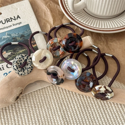 Vintage Acetate Button Hair Ties High Elastic Durable Rubber Band Leopard Marble Pattern Ponytail Holder For Women Fashion Accessories