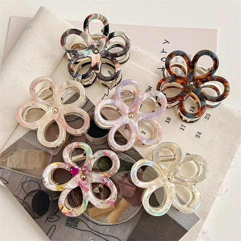 Pinza per Capelli a Forma di Fiore in Acetato Vintage per Donna Texture Marmo Floreale Traforata Dolce Elegante Accessorio