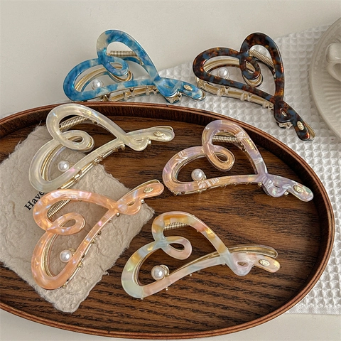 Acetate Heart Shaped Hair Claw Clip For Women Elegant Hollow Marble Tortoiseshell Pattern Shark Clip With Artificial Pearl Hair Accessories