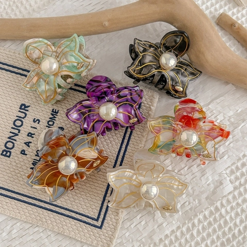 Elegant Acetate Flower Hair Claw With Artificial Pearl Gold Trim Shark Clip French Style Hair Accessory For Women
