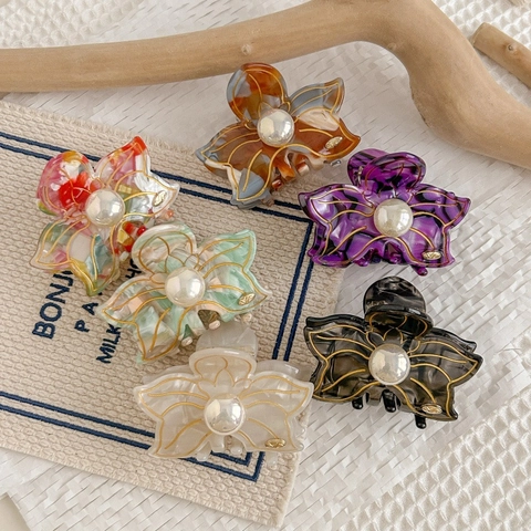 Elegant Acetate Flower Hair Claw With Artificial Pearl Gold Trim Shark Clip French Style Hair Accessory For Women