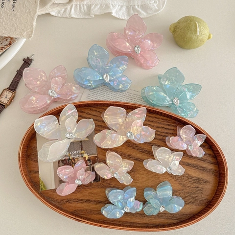 Iridescent Flower Hair Claw Clip With Rhinestone Acetate Texture Shell Luster Shark Clip Hair Accessories For Women Hair Clip