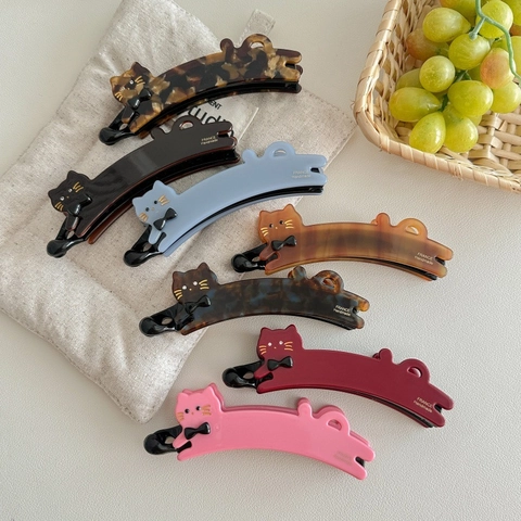 Französisch Vintage Handgefertigt Acetat Katze Form Bananenspange Niedlich Schleife Strass Vertikale Haarklaue Ponytail Haarschmuck