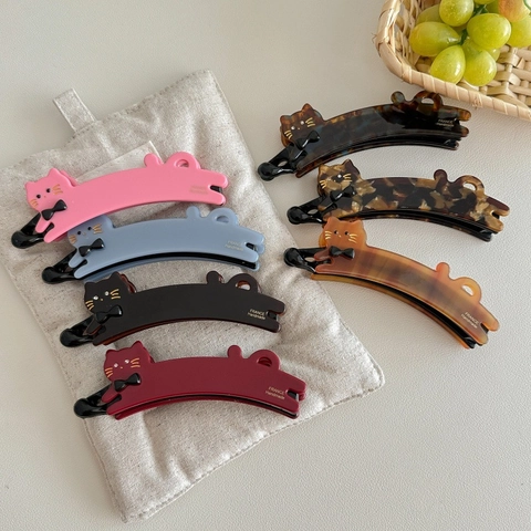 Französisch Vintage Handgefertigt Acetat Katze Form Bananenspange Niedlich Schleife Strass Vertikale Haarklaue Ponytail Haarschmuck