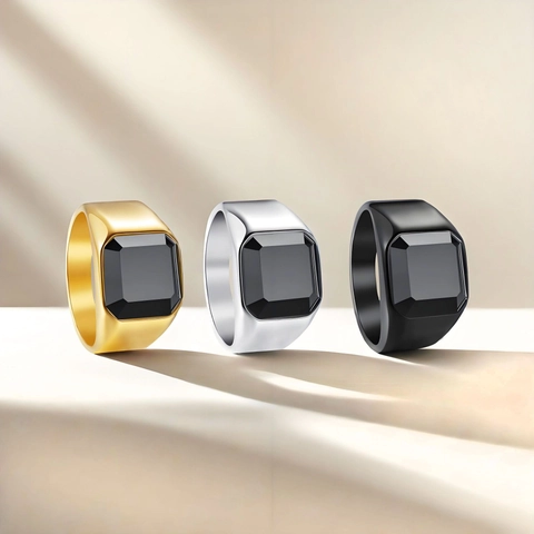 Vintage Men Titanium Steel Signet Ring Square Black Simulated Gemstone Punk Hip Hop Style Gold Silver Black Finger Jewelry