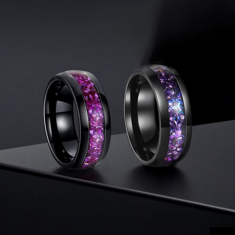 Anello in Acciaio al Titanio Nero Con Intarsio di Sabbia di Cristallo Viola Blu Gioielli Minimalisti per Uomo Donna Matrimonio