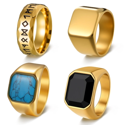 Stainless Steel Nordic Rune Rings Collection For Men Hip Hop Retro Geometric Signet Rings Gold Silver Black Jewelry Gift