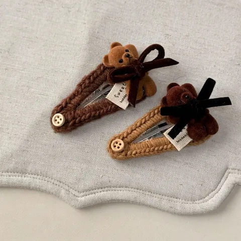 Cute Bear Knitted Woolen BB Hair Clip For Women Girls Sweet Handmade Autumn Winter Plush Bow Hairpin Side Clip Headwear Accessory