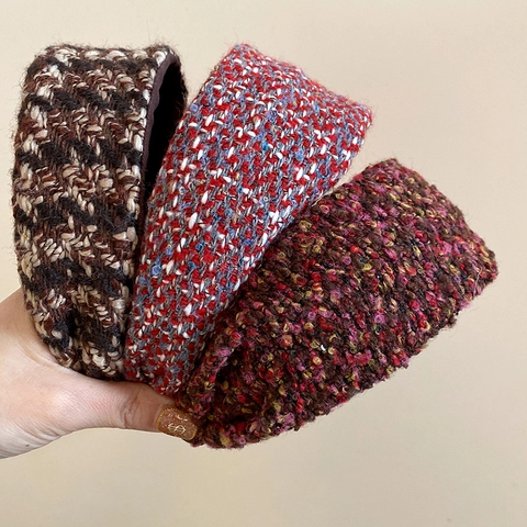 Franse Vintage Fluweel Geruit Breed Gevoerd Hoofdband Vrouwen Herfst Winter Warm Gebreid Patroon Haarklem Elegante Haaraccessoires