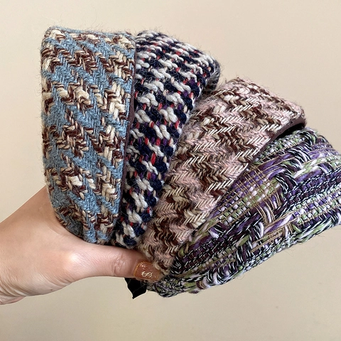 Franse Vintage Fluweel Geruit Breed Gevoerd Hoofdband Vrouwen Herfst Winter Warm Gebreid Patroon Haarklem Elegante Haaraccessoires