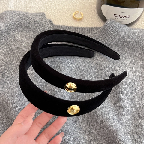 Korean Style Black Velvet Padded Headband For Women Gold Button High Top Wide Hair Hoop Elegant Vintage Hair Accessory