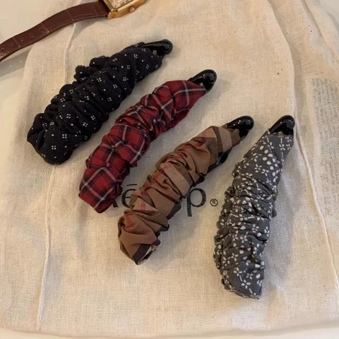 Pinces à Cheveux Banane Enveloppées de Tissu Froncé Motifs Plaid Pois Style Coréen Épingle à Cheveux Verticale Queue de Cheval Femme