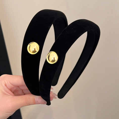 Korean Style Black Velvet Padded Headband For Women Gold Button High Top Wide Hair Hoop Elegant Vintage Hair Accessory