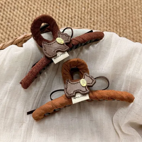 Pinza de Pelo de Felpa Hecha a Mano Con Parche de Cuero de Perro Elegante Lazo Accesorio de Peinado para Mujer