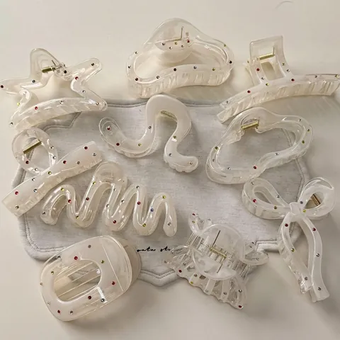 Elegant Creamy White Acrylic Hair Claw Clip With Colorful Rhinestone Sweet Star Bow Knot Hair Grip For Women Daily Styling Accessory