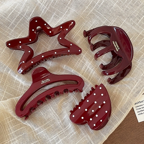 Molla per Capelli in Resina Rosso Vino Retro Francese per Donna Dolce Forma di Stella Cuore Pois Accessori per Capelli
