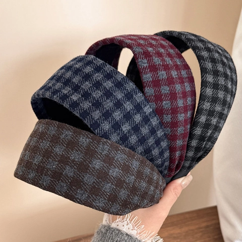 Cerchietto Largo Retro Coreano a Quadri per Donna Autunno Inverno in Tessuto Pied de Poule Antiscivolo Accessori per Capelli Moda