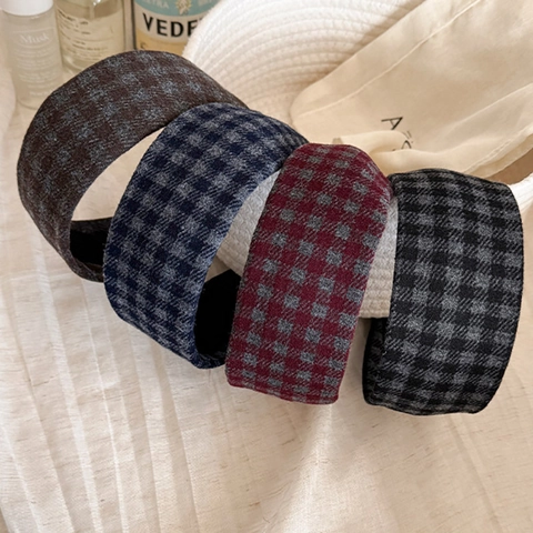 Cerchietto Largo Retro Coreano a Quadri per Donna Autunno Inverno in Tessuto Pied de Poule Antiscivolo Accessori per Capelli Moda