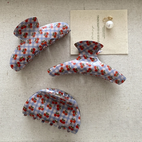 Molla per Capelli Gingham con Ciliegie Stile Coreano Clip a Squalo in Acrilico a Scacchi Blu Bianco Accessori Capelli Donna