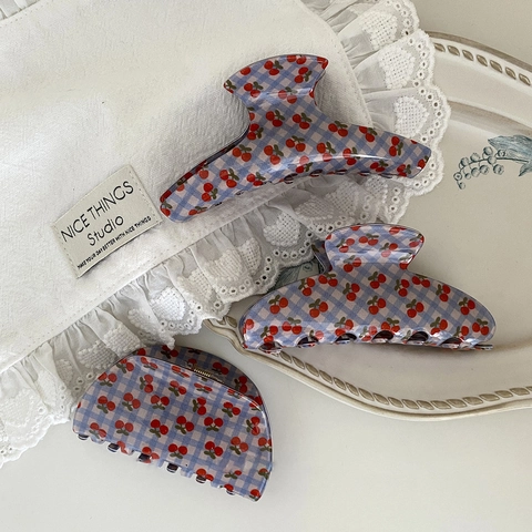 Molla per Capelli Gingham con Ciliegie Stile Coreano Clip a Squalo in Acrilico a Scacchi Blu Bianco Accessori Capelli Donna
