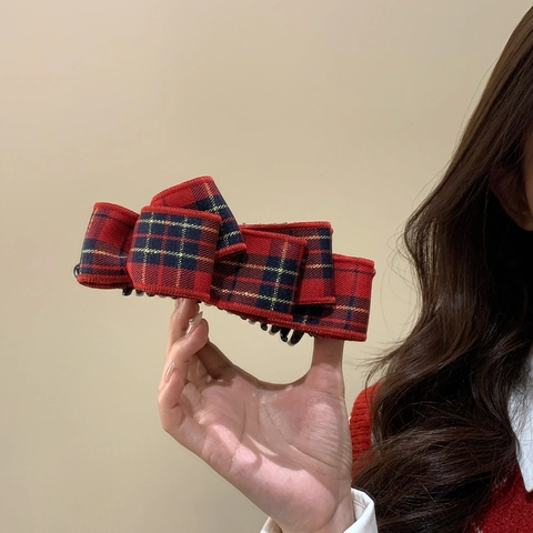 Red Plaid Bowknot Banana Clip For Women Elegant Tartan Ribbon Vertical Ponytail Holder Clip New Year Festive Hair Accessories