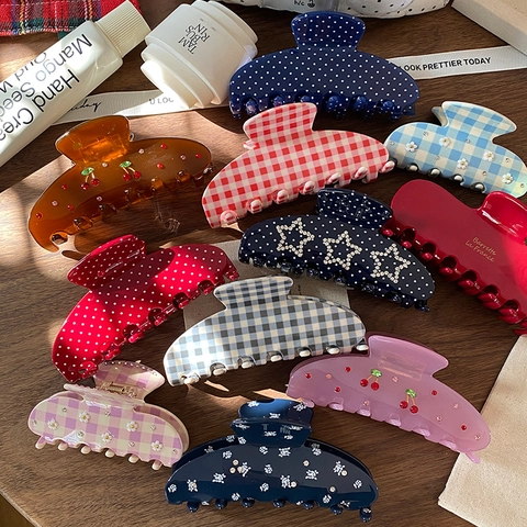 French Retro Acetate Hair Claw Clip For Women Elegant Polka Dot Checkered Floral Cherry Star Pattern Large Shark Hair Clip