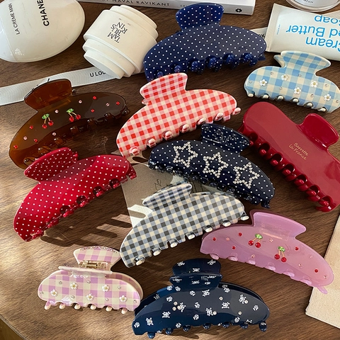 French Retro Acetate Hair Claw Clip For Women Elegant Polka Dot Checkered Floral Cherry Star Pattern Large Shark Hair Clip