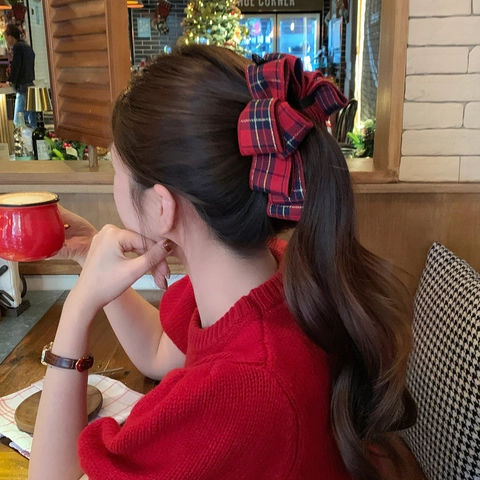 Red Plaid Bowknot Banana Clip For Women Elegant Tartan Ribbon Vertical Ponytail Holder Clip New Year Festive Hair Accessories
