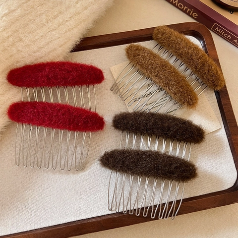 Korean Style Fuzzy Plush Hair Comb For Women Autumn Winter Princess Hairstyle Volume Side Hair Clip Fluffy Fabric Alloy Hair Accessory