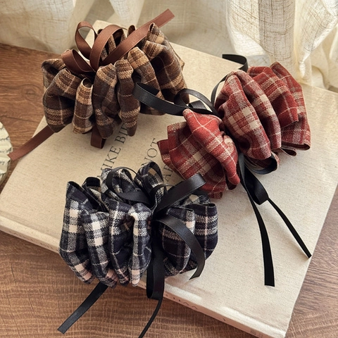 Vintage Ruitjes Strik Lint Haarklem Voor Vrouwen Achterkant Hoofd Hoge Paardenstaart Bananenklem Herfst Winter Nieuwe Strik Haarnaald Accessoire