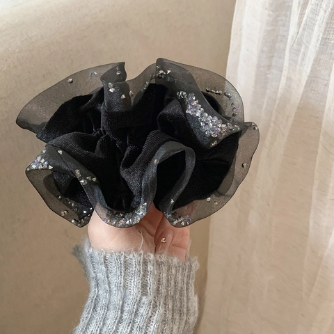 Elastico per Capelli in Velluto Nero con Strass in Stile Coreano per Donna Elegante Grande Elastico Plissettato Fatto a Mano